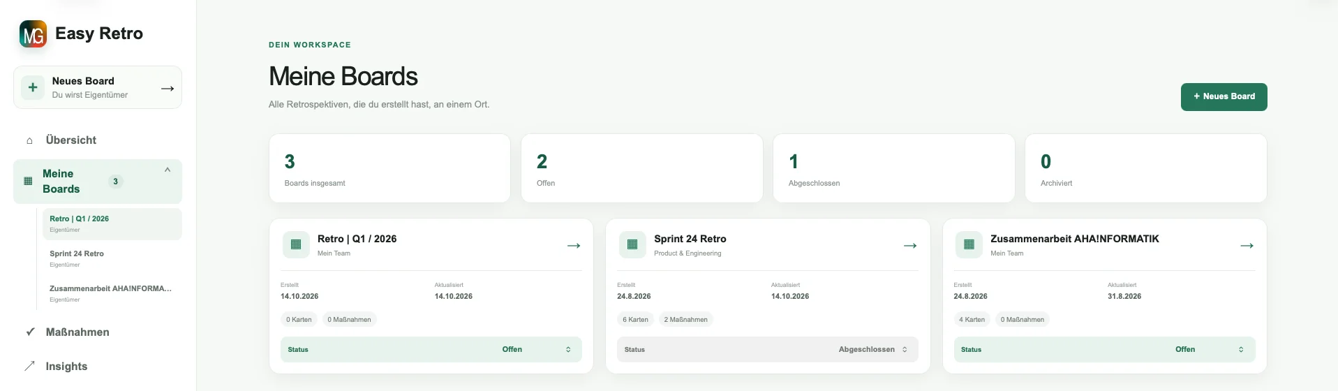Meine Boards: drei Retrospektiven mit Status, Karten- und Maßnahmenanzahl.